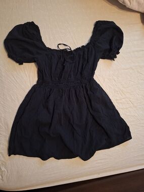 aerie Black Textured Fabric Dress with Smocked Waist